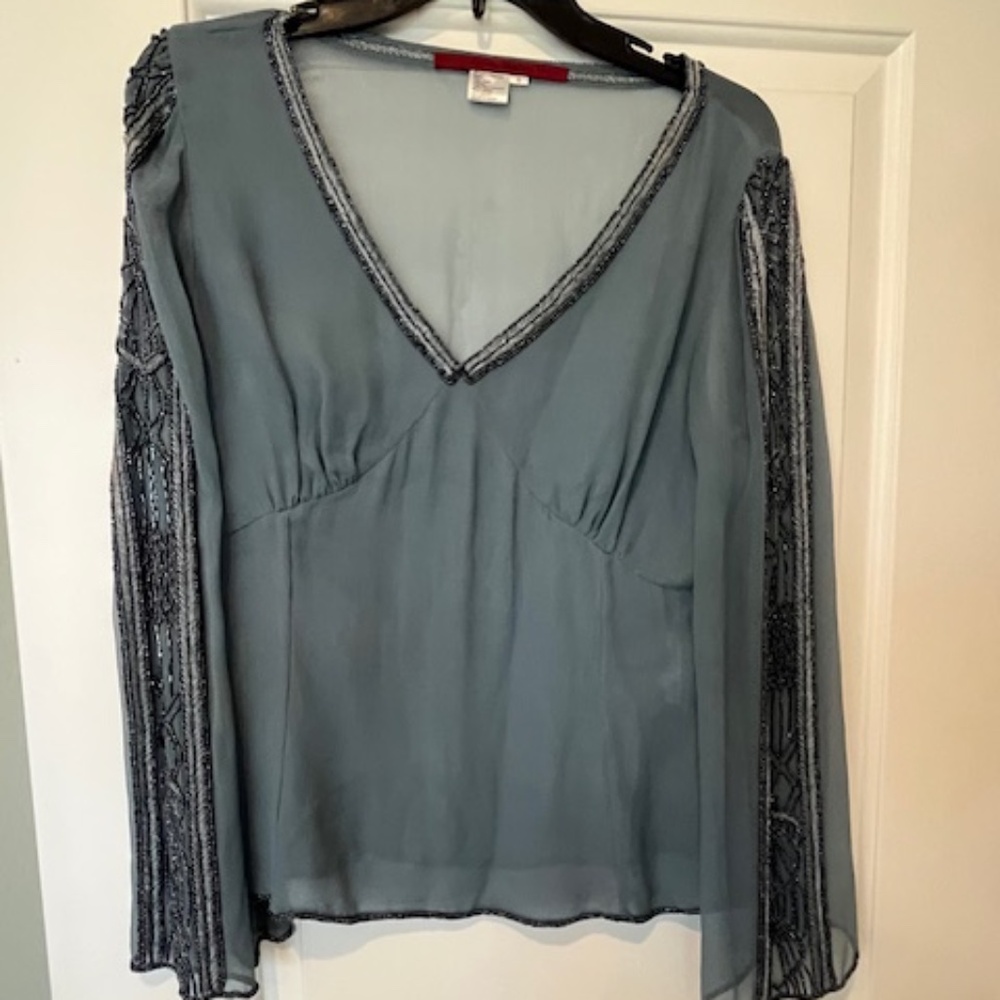 Emma Black Ethereal Gray Silk Beaded Babydoll Top Sz 8 Romantic Y2K Coquette